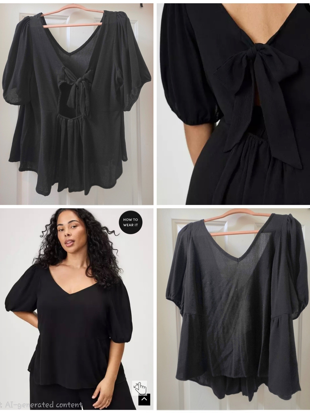 TORRID Black V-Neck Tie-Back Puff Sleeve Top